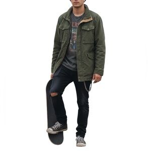 Express Mens Large Corduroy Utility Field Jacket Olive Green Zip Snap Chore Coat